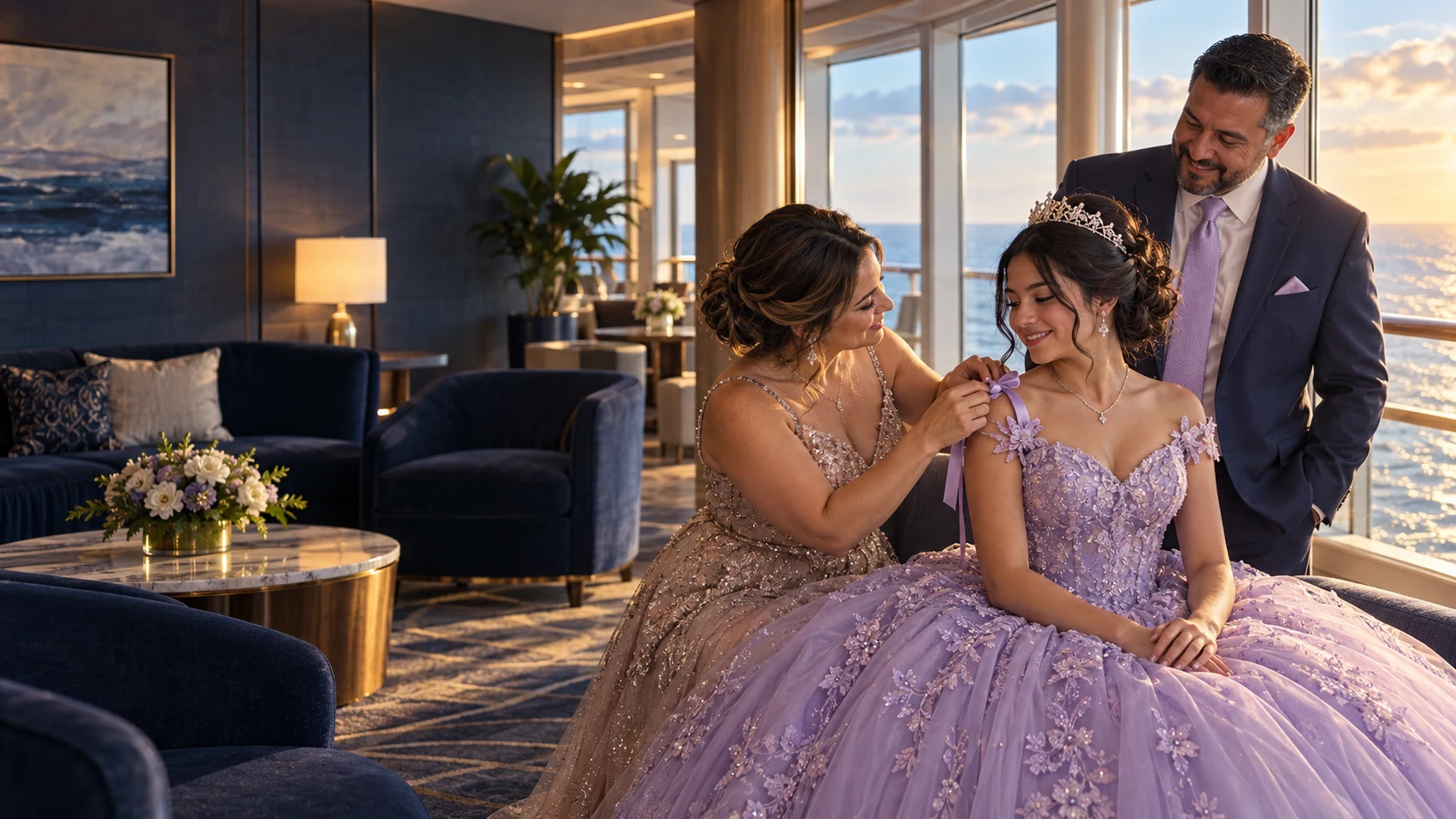AI-generated illustration of parents sharing their daughter's quinceañera preparations
