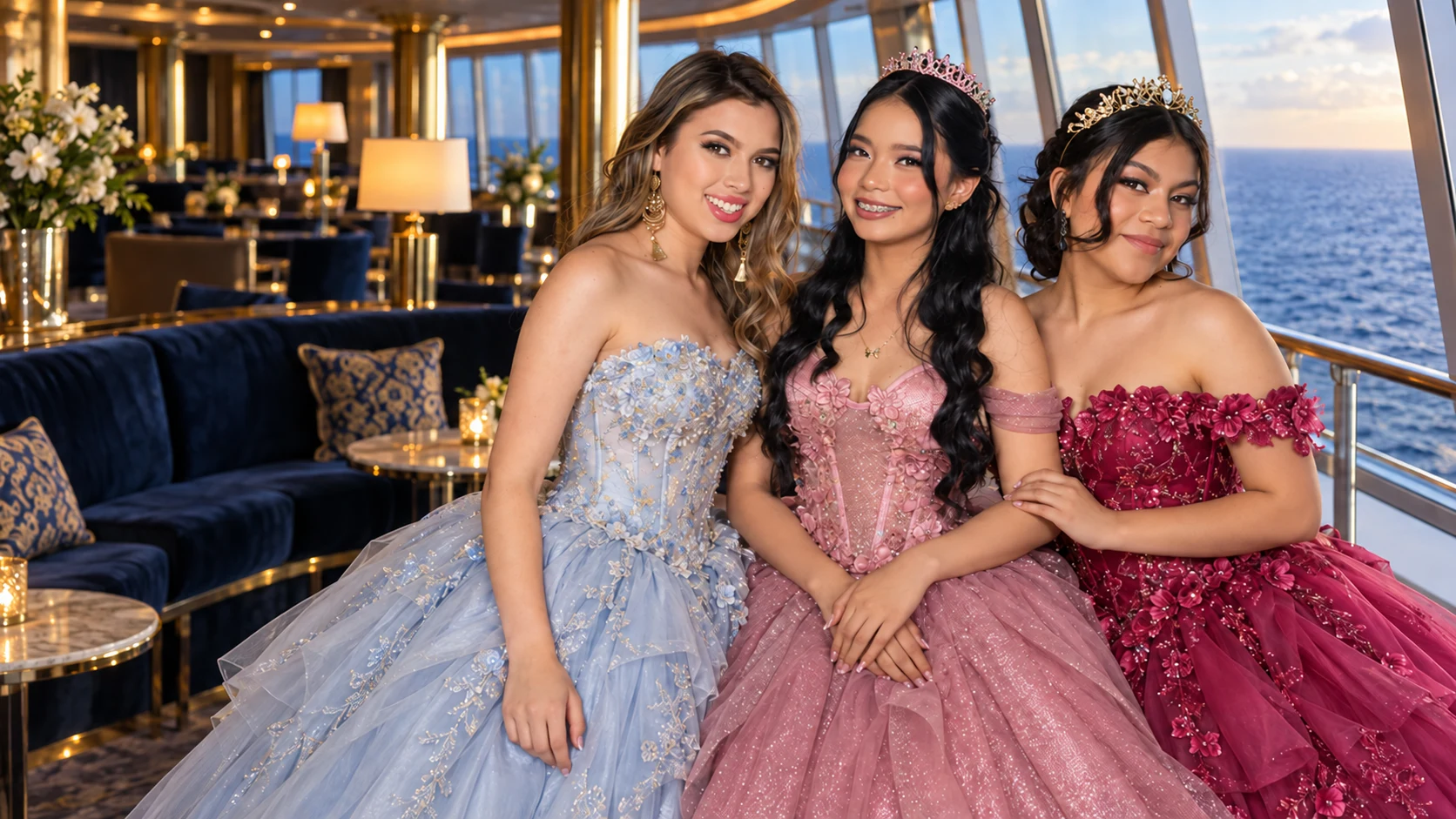 AI-generated illustration of three friends sharing a quinceañera celebration at sea