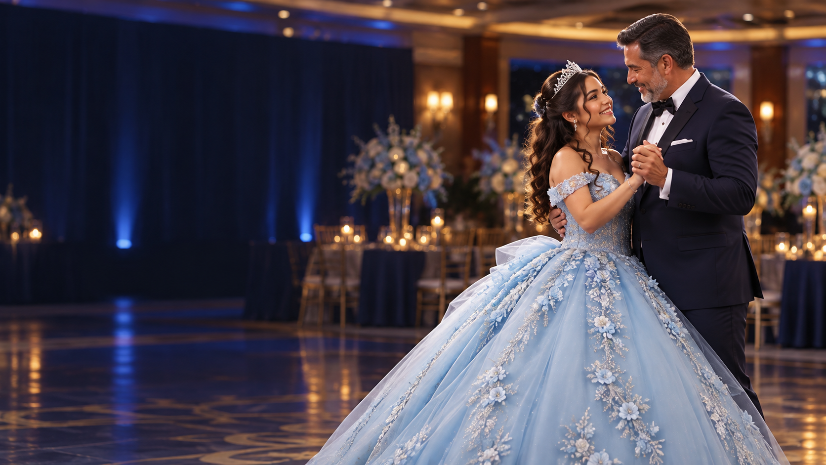 AI-generated illustration of a father-daughter quinceañera dance in a blue gown