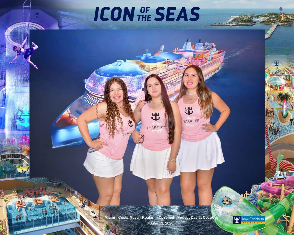 Friends posing together beside an Icon of the Seas photo backdrop