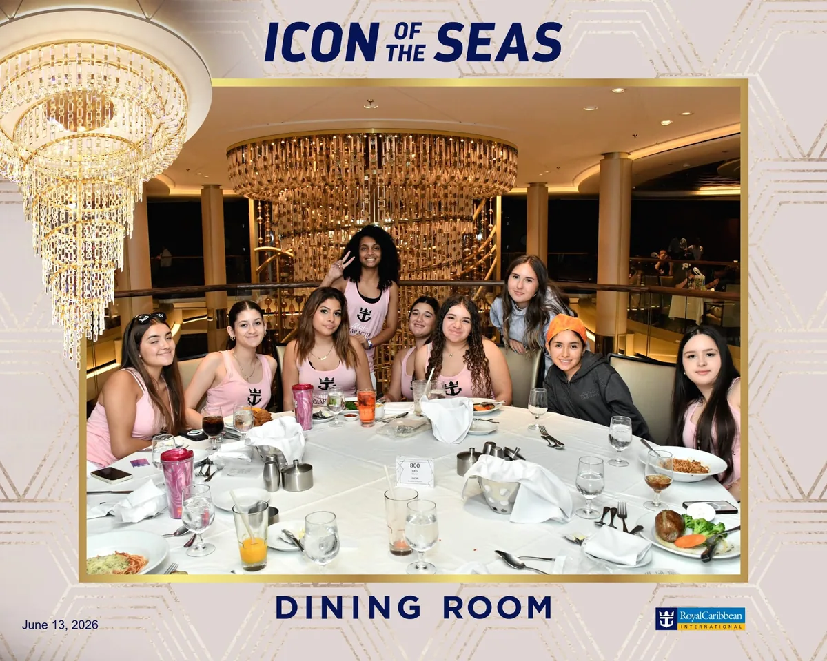 Quinceañeras sharing a dining-room moment on Icon of the Seas