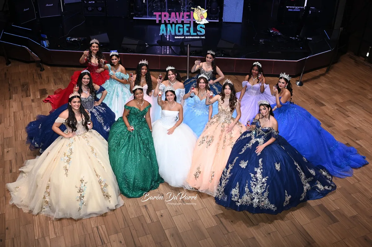 Quinceañeras gathered in their gala dresses