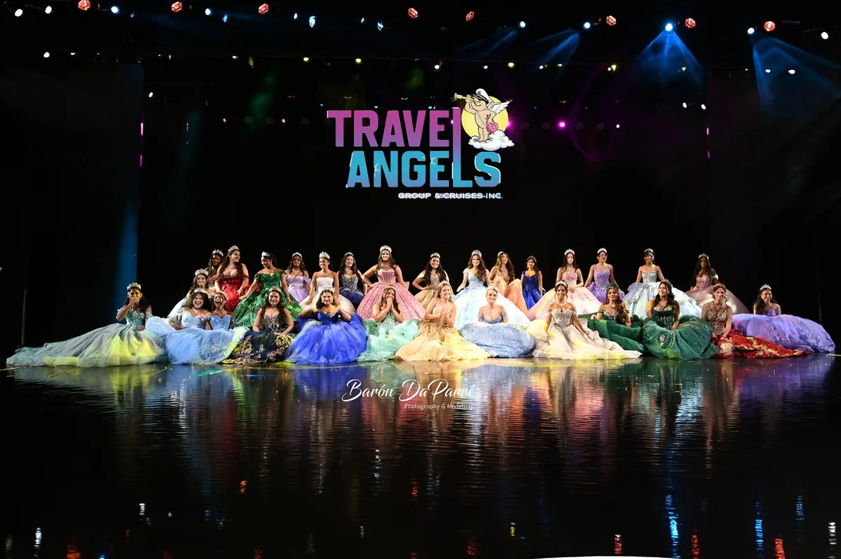 Quinceañeras and their families gathered on stage