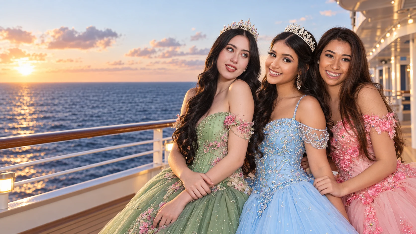 AI-generated illustration of friends celebrating a quinceañera at sea